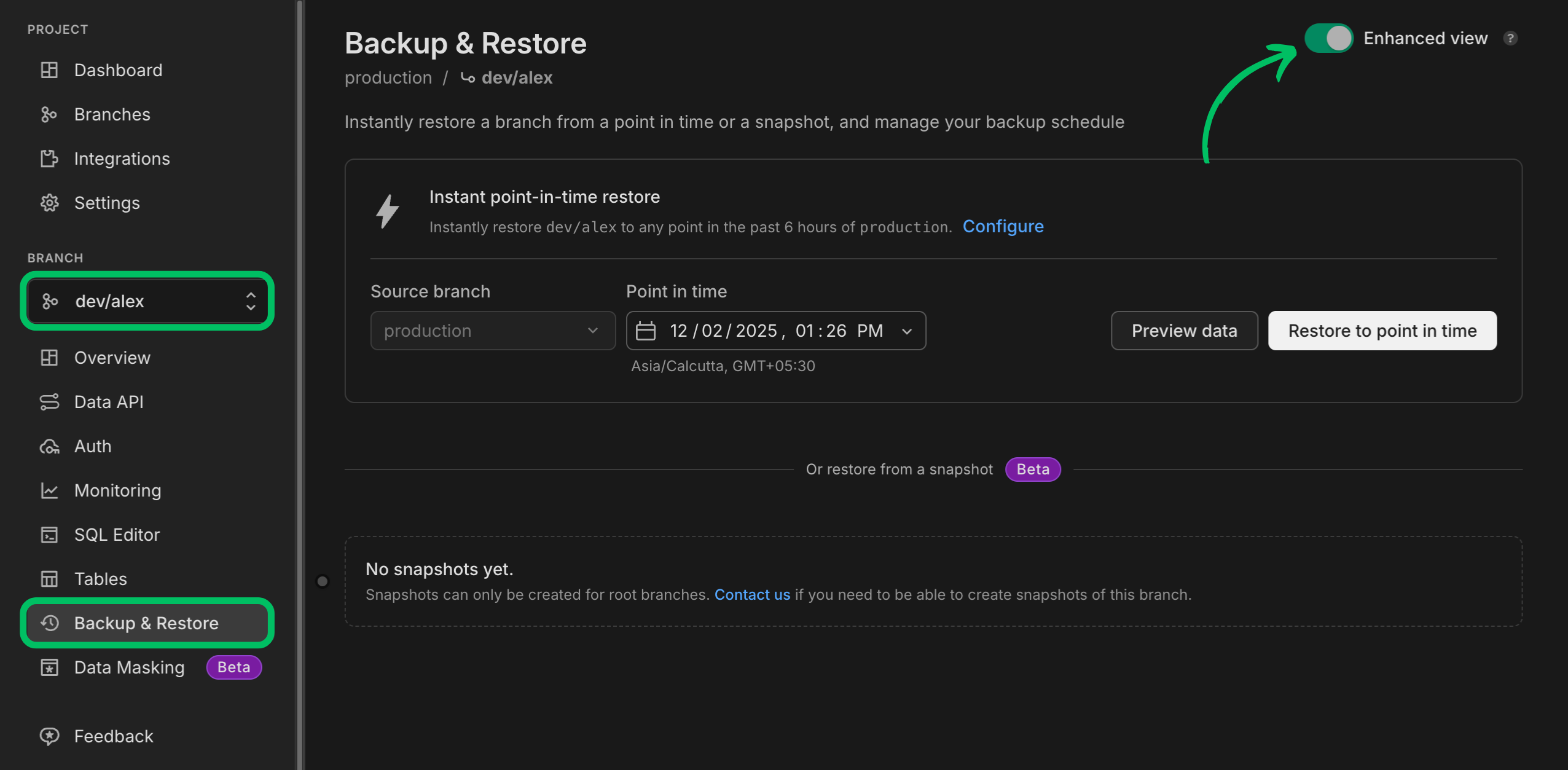 Branch Restore from Production Branch